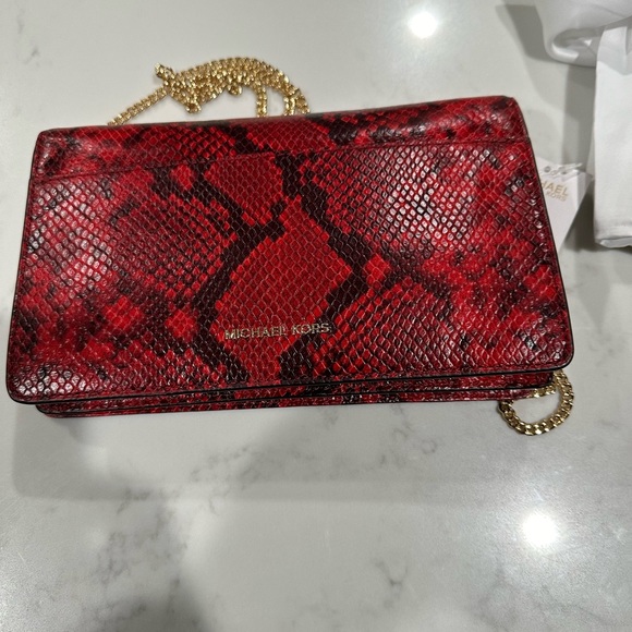 NWT Michael Kors Ellie Medium Shoulder Flap Python Embossed Red Leather Bag - Picture 8 of 12